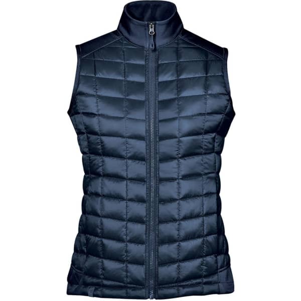 A navy blue women's thermal softshell vest with a quilted design and a high collar. Features a front zip and branding.