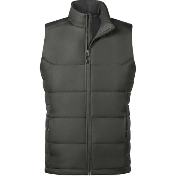 A green thermal vest with a high collar and zip-up front, featuring a logo on the chest.
