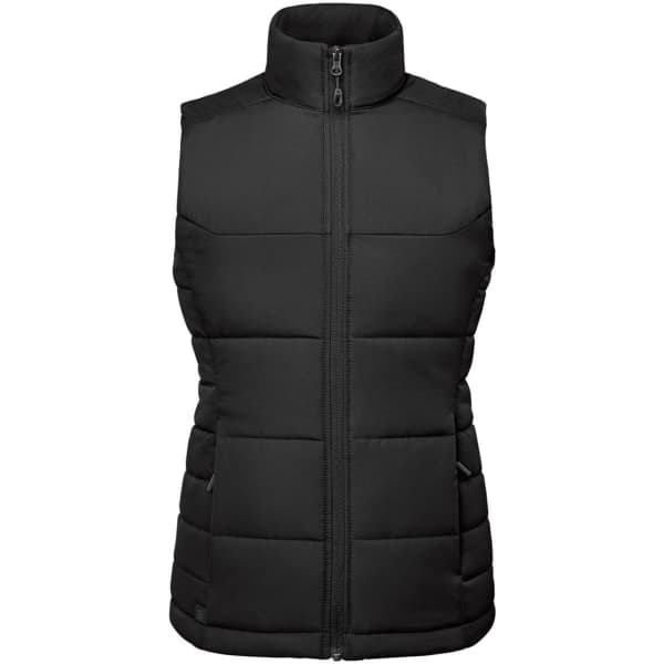 A black thermal vest featuring a high collar and zippered front, with padded sections and side pockets.