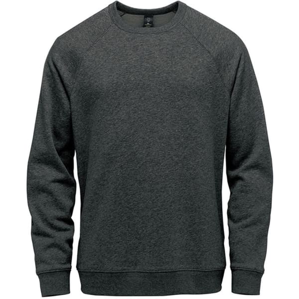A men's crew neck sweater in dark grey with a casual design, featuring long sleeves and a subtle branding logo.
