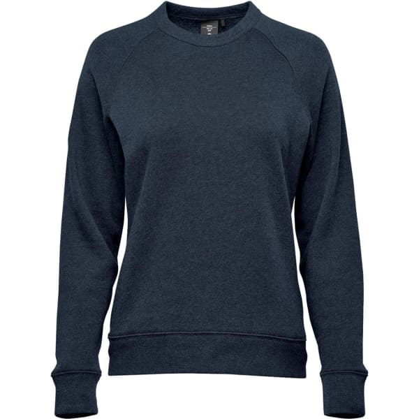 A women's crew neck fleece jumper in navy blue with long sleeves and a snug fit. Features a logo on the front.
