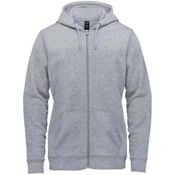 A grey fleece full zip hoody with a hood and front pockets. It features a logo on the chest.