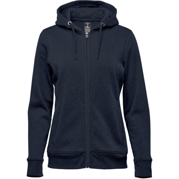A women's full zip hoody in dark navy, featuring a hood and front pockets, designed for comfort.