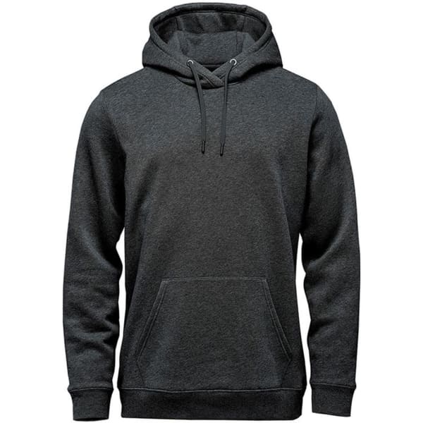 A dark grey fleece pullover hoody featuring a front pocket and adjustable drawstrings. It has a logo.