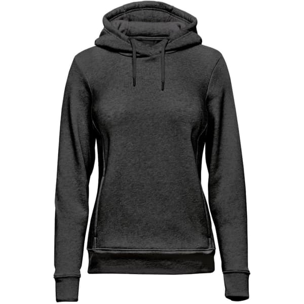 A black women's fleece pullover hoody with a hood and a logo on the front.