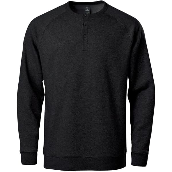 A black men's henley sweatshirt with a crew neck and button detail, featuring long raglan sleeves and a logo.