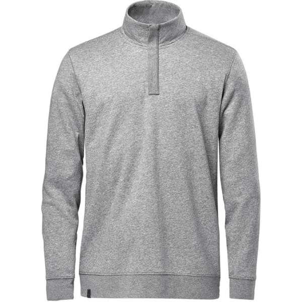 A grey men's pullover featuring a 1/4 zip and a standing collar, with long sleeves and a plain design.