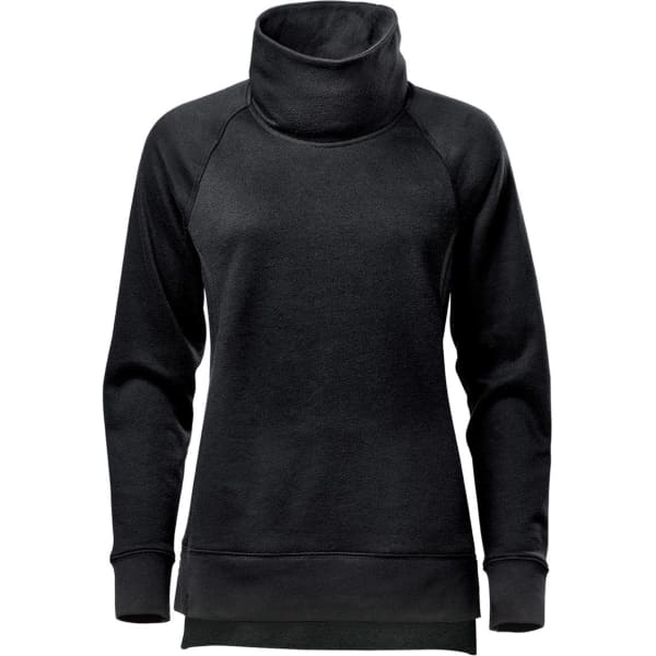 A black women's pullover jumper featuring a cowl neck design and long sleeves, with a subtle logo.