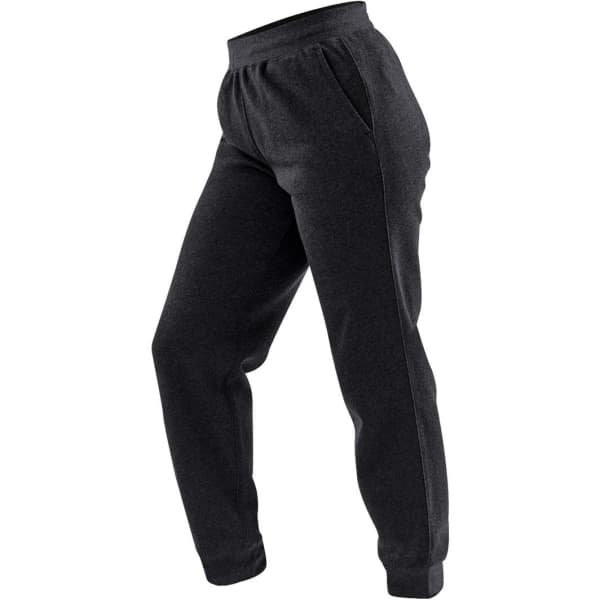 A pair of black fleece jogger pants featuring a relaxed fit and side pockets, with an elasticated waistband.
