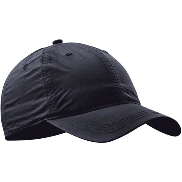 A black cap with a curved brim, featuring a logo on the front. It has a casual, lightweight design.