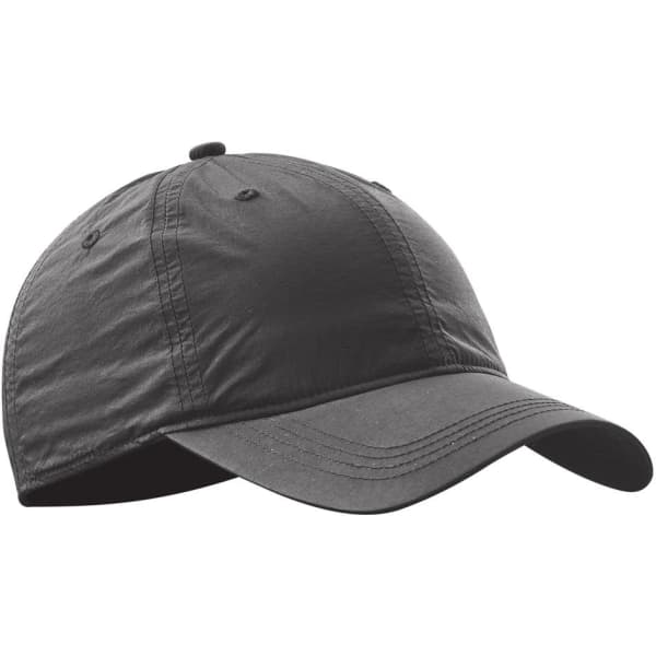 A black cap with a curved brim and a logo on the front, featuring a six-panel design.