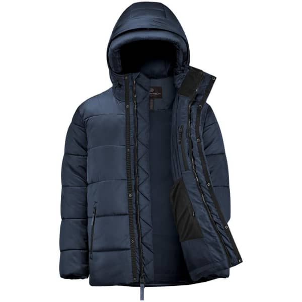A navy puffer jacket with a hood and zippered front, featuring a logo and a two-tone design.