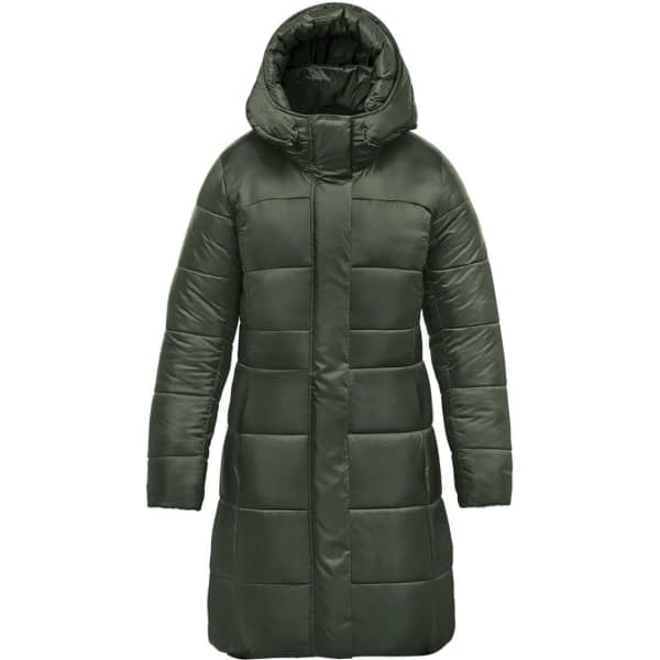A women's puffer jacket in olive green with a hood, featuring a quilted design and a knee-length cut. 