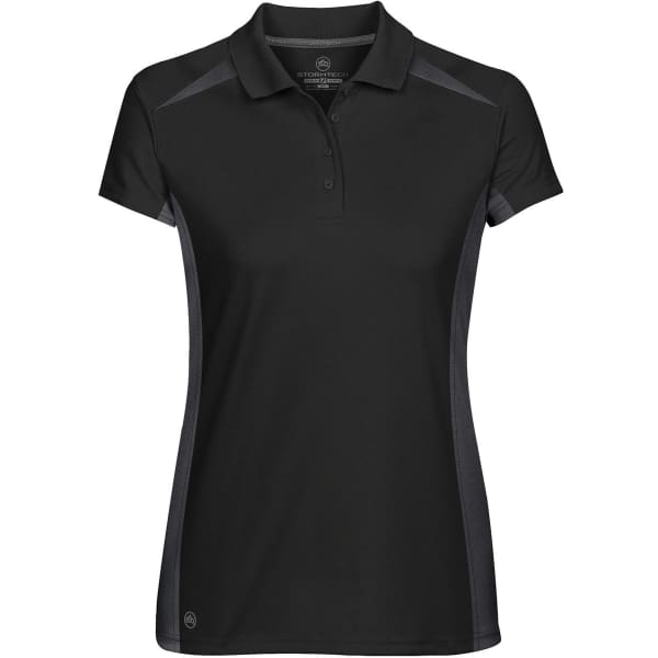 A black women's polo shirt featuring a sleek design and contrasting side panel detail. It includes a logo.