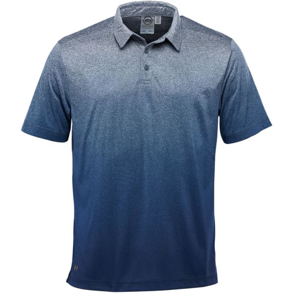 A men's polo shirt in a gradient of dark blue to lighter blue hues, featuring a collar and logo.