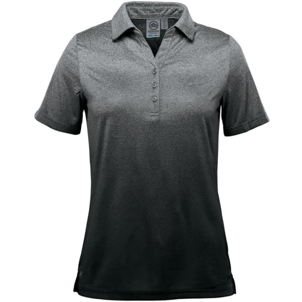 A women's polo shirt in gradient shades of grey, featuring a collar, short sleeves, and a logo.