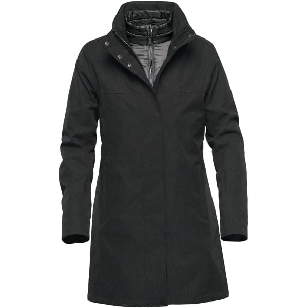 A dark grey women's jacket with a high collar and a sleek design. Features a branding logo.