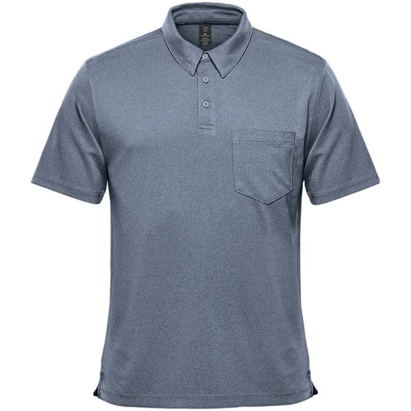 A men's short sleeve polo in a grey tone with a collar and a breast pocket. Features a branded logo.