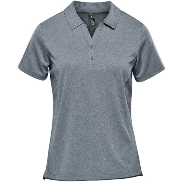 A short sleeve polo shirt in a grey hue featuring a classic collar and a logo.
