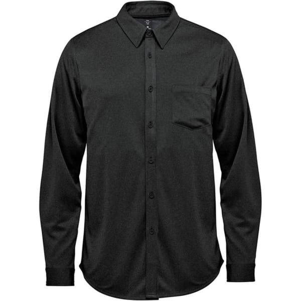 A black long sleeve button-up shirt with a chest pocket and a collar. It has a logo on the label.