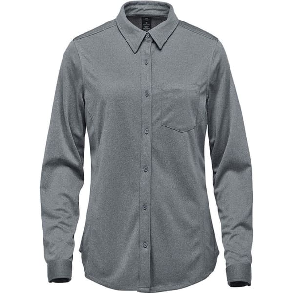 A women's button-up shirt in a grey fabric, featuring long sleeves and a chest pocket. The shirt has a branding logo.