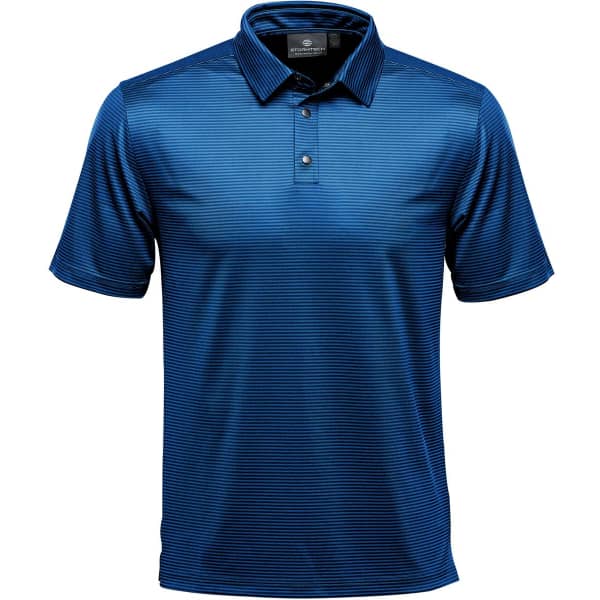 A men's polo shirt in navy blue with a striped pattern and a collar. Features a logo.