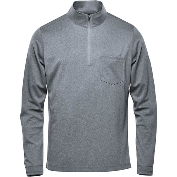 A men's grey pullover jumper with a quarter zip and a chest pocket. Features a logo on the garment.