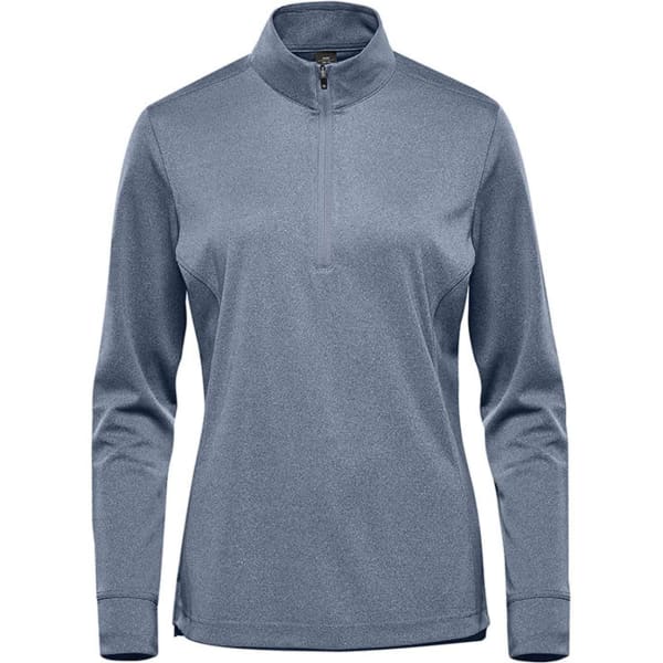 A women's 1/4 zip pullover in grey, featuring long sleeves and a branded logo.