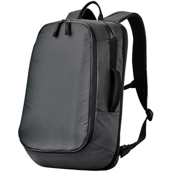 A dark grey backpack with a sleek design, featuring a zip closure and adjustable straps. It has a logo on the front.