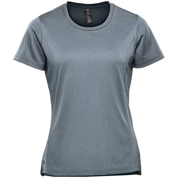 A grey women's short sleeve performance tee with a fitted design and a logo on the front.