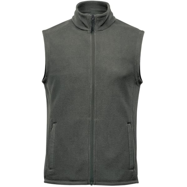 A green fleece vest with a high collar and a front zipper, featuring side pockets and a logo.