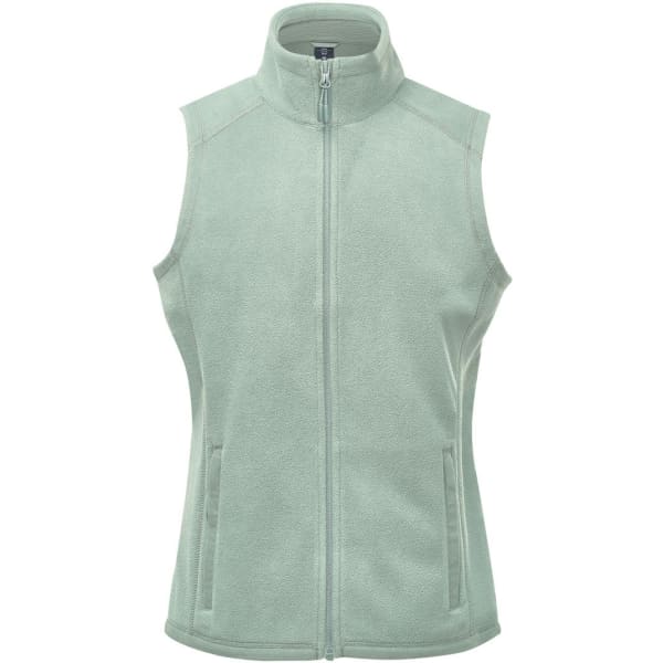 A green fleece vest with a high collar and front zip, featuring two side pockets and a logo.