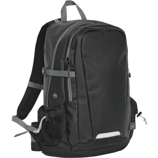A sleek black backpack with multiple compartments, adjustable straps, and a mesh side pocket. It features a logo.