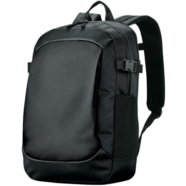 A sleek black backpack featuring adjustable straps and multiple compartments, complete with a logo.