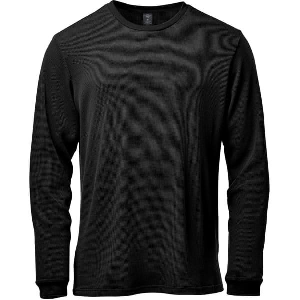 A black men's crew neck shirt with long sleeves and a textured fabric. It features a logo on the chest.