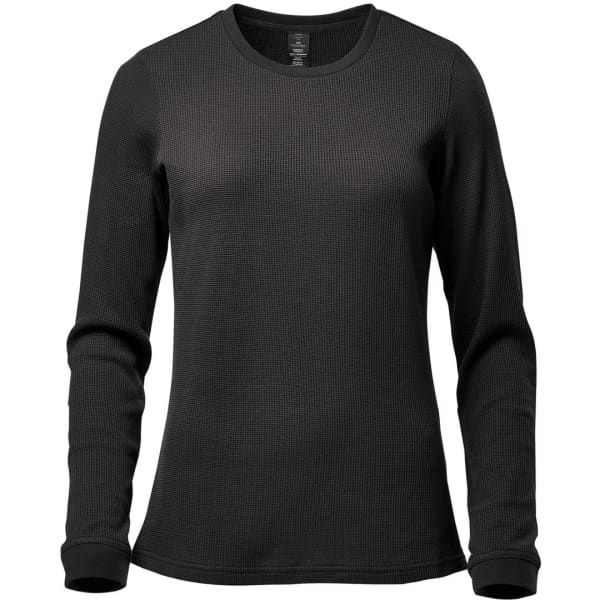 A long-sleeved women's crew neck shirt in black, featuring a textured fabric and a logo.
