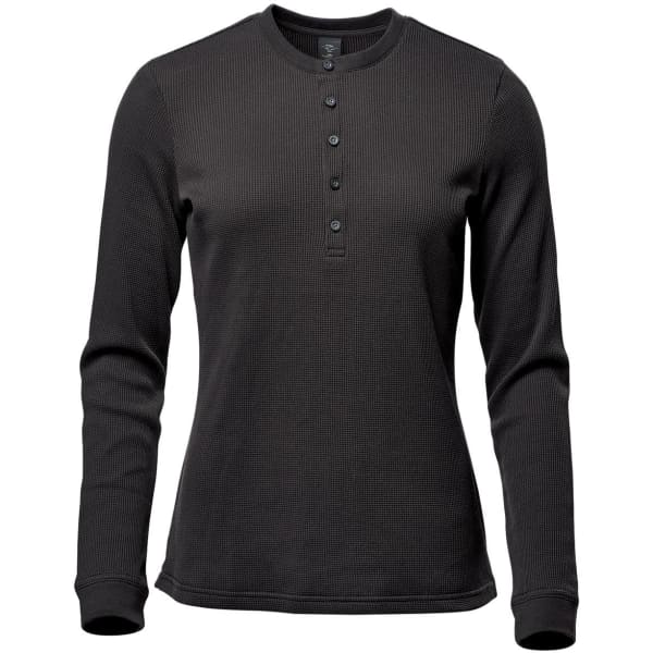 A long-sleeve women's Henley shirt in black, featuring a buttoned neckline and a textured fabric.