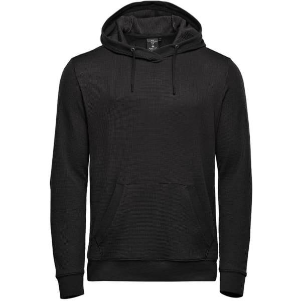 A black pullover hoody featuring a front pocket and a drawstring hood, with a logo on the chest.