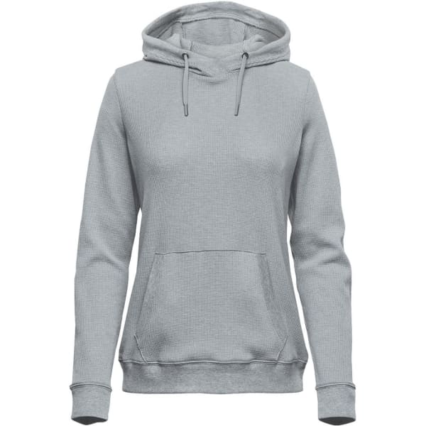 A grey women's pullover hoodie featuring a front pocket and drawstring hood. It has a subtle texture and includes a logo.