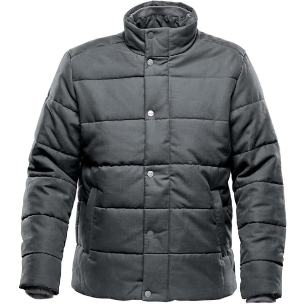 A dark green thermal jacket with a quilted design, featuring a stand-up collar and snap buttons, has a logo.