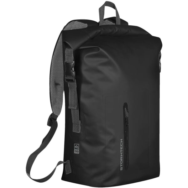 A waterproof black backpack with adjustable straps and a front zip pocket. It features a logo on the side.