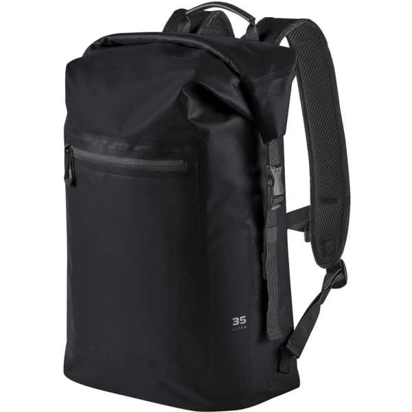 A black waterproof backpack with adjustable straps and a front zip pocket. It has a distinctive branding logo.