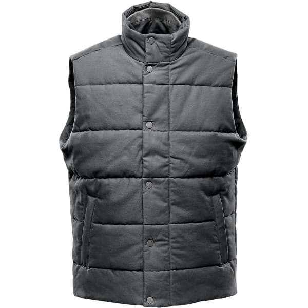 A green thermal vest featuring a high collar and button closure, designed for workwear. It includes a logo.