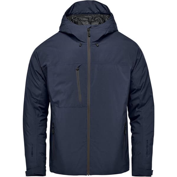 Men's Nostromo Thermal Shell jacket in navy blue, featuring a hood and zippered pockets, with a logo on the front.