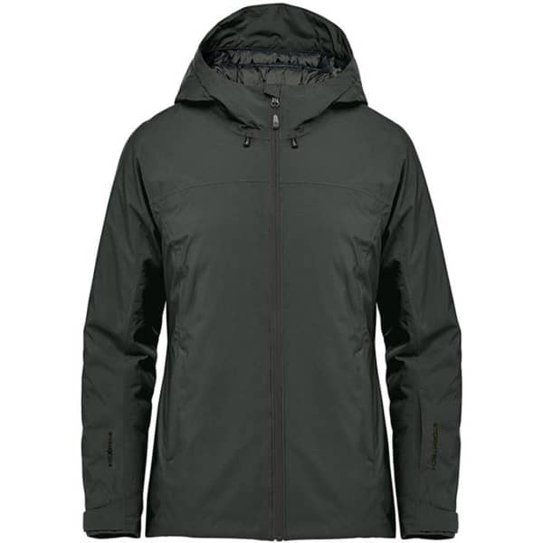 A women's thermal shell jacket in dark green, featuring a hood and a logo on the sleeve.
