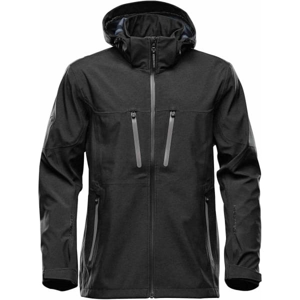 A black men's softshell jacket with a hood, featuring zippered pockets and a sleek design.