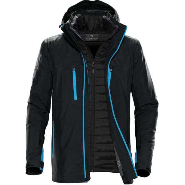 A black jacket with blue accents, featuring a zippered front, pockets, and a hood. It includes a logo.