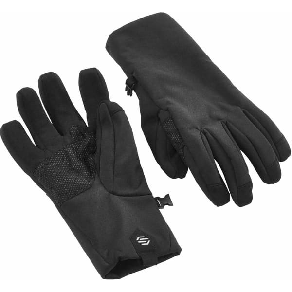 A pair of black softshell gloves with textured grip areas and a branded logo.