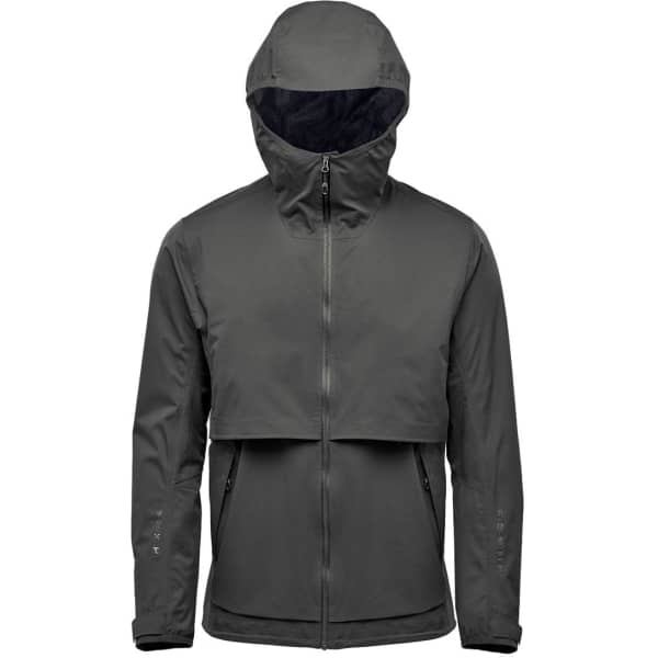 A men's technical rain jacket in dark grey, featuring a hood and a zip front, with a logo detail.
