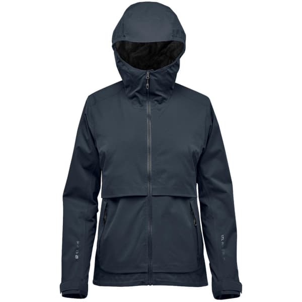 A dark navy women's rain jacket with a hood, featuring a front zip and a logo. Suitable for wet weather.